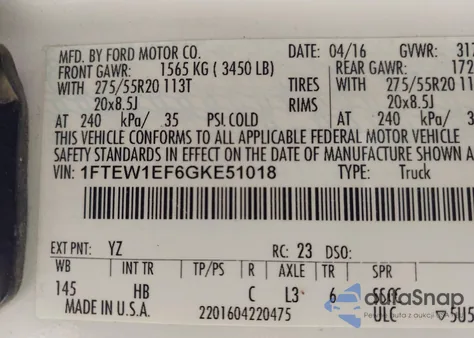 2016 Ford F-150 Lariat z USA, uszkodzony, nr VIN 1FTEW1EF6GKE51018